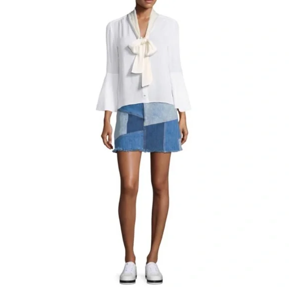 ALICE + OLIVIA • AO LA Blue Denim Patchwork A-Line Mini Skirt, XS - Picture 14 of 16